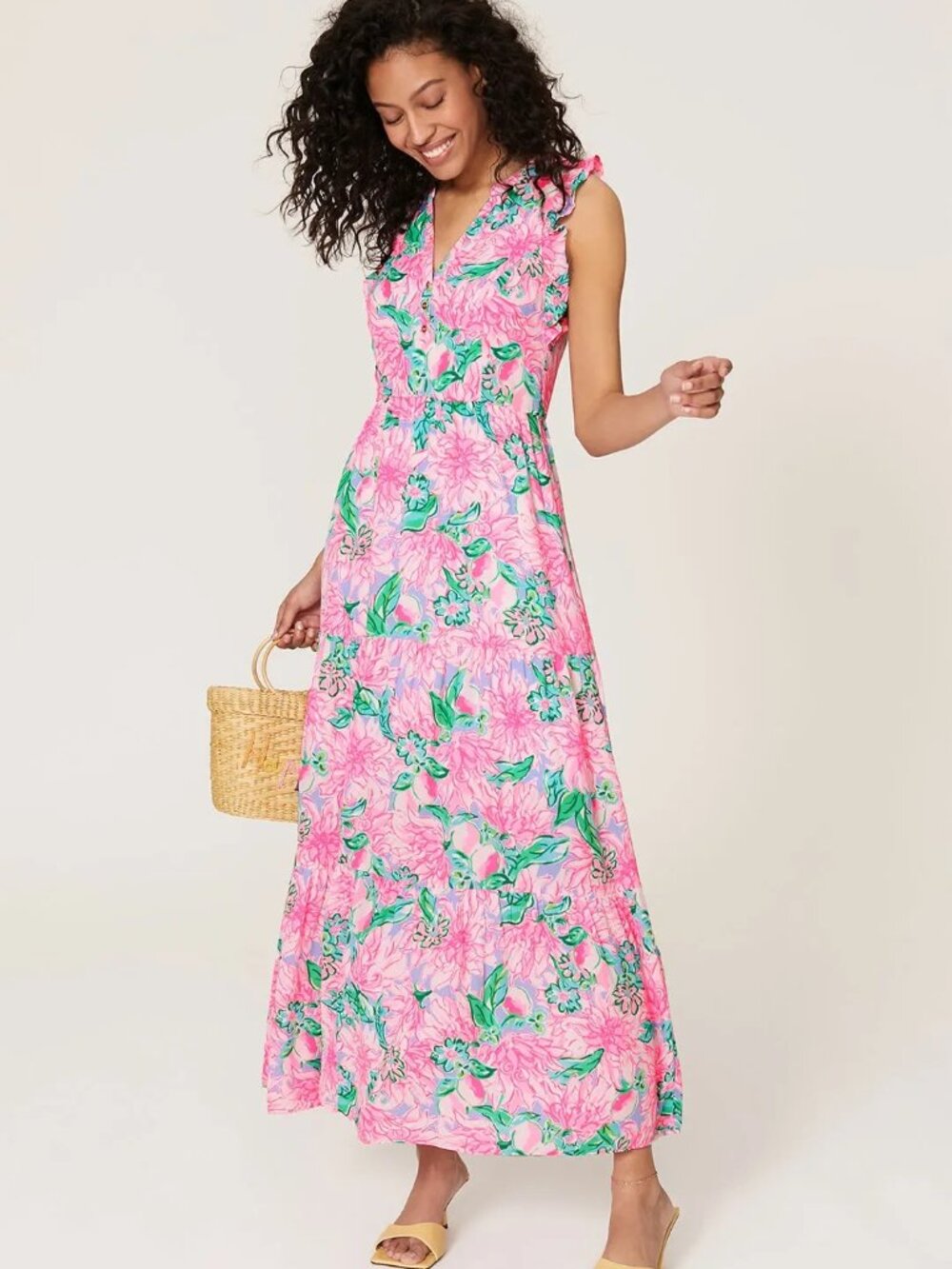 Lilly Pulitzer Destini Maxi Dress Blossom Try Your Zest Floral Ruffle | Size 4 - Picture 1 of 4